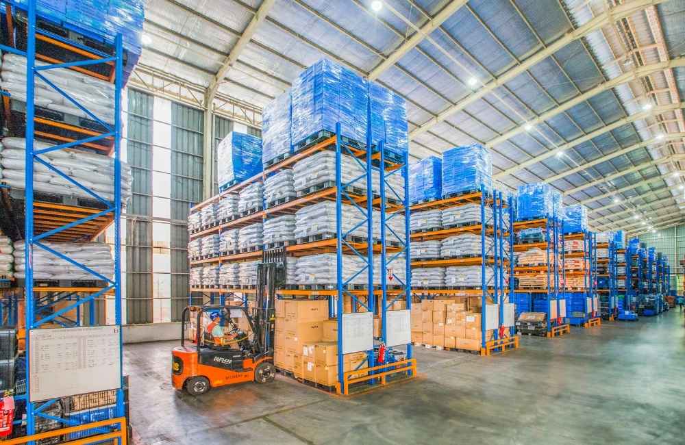 Warehouse with pile of boxes