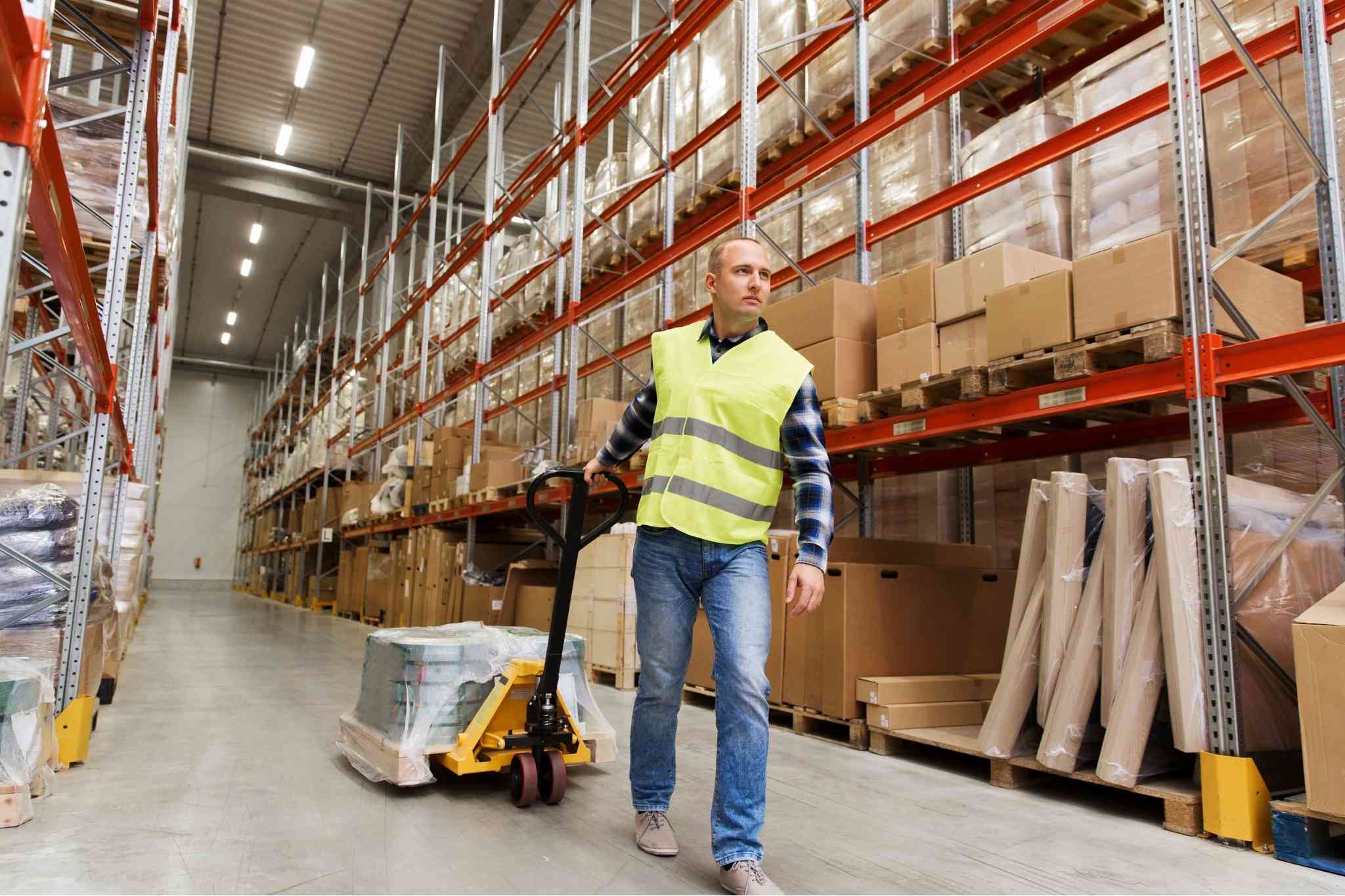 Men pulling cart inside a warehouse