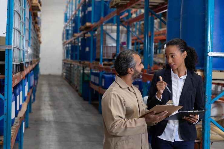 Two people discussing with clipboard