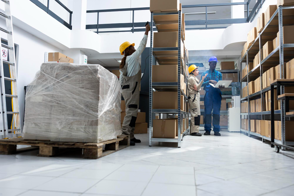 Warehouse workers manage inventory on shelves.