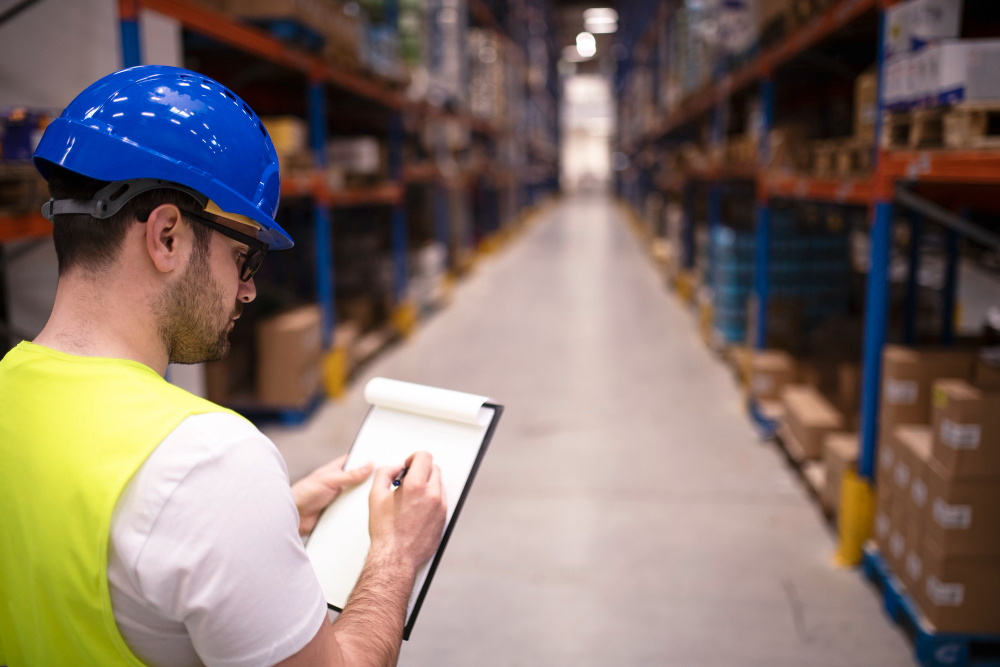 A worker writes on a clipboard in a warehouse aisle.