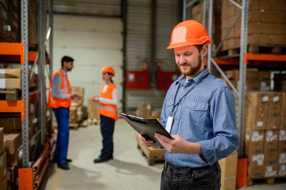 A warehouse manager reviews a clipboard in a busy aisle.