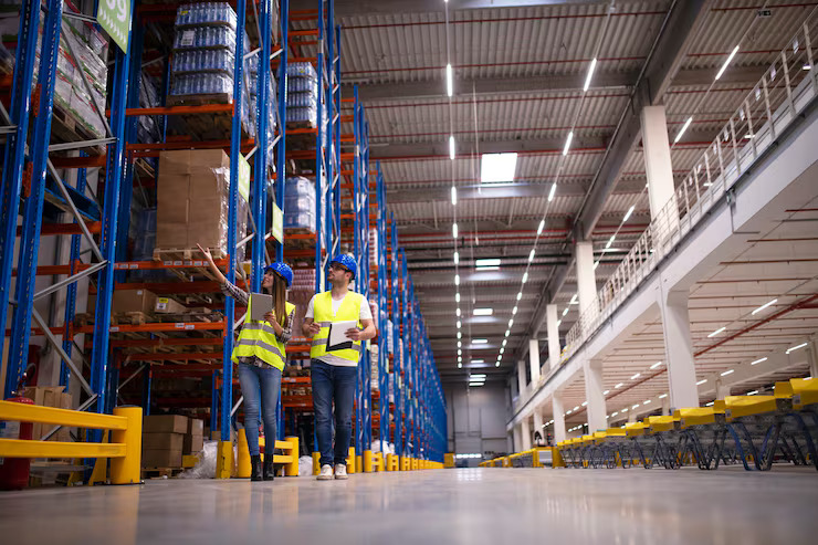 two workers walking through large warehous