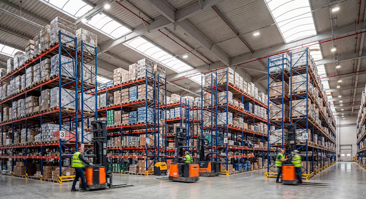 warehouse interior with forklifts