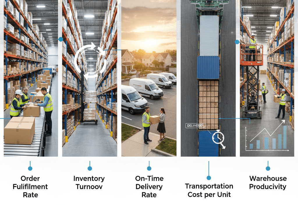A five-panel infographic illustrating key logistics KPIs including Order Fulfillment Rate, Inventory Turnover, On-Time Delivery Rate, Transportation Cost per Unit, and Warehouse Productivity.