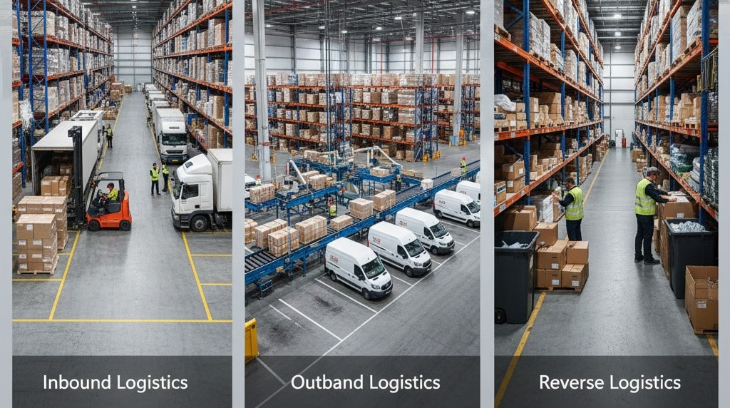 An infographic displaying the three main types of logistics: Inbound Logistics showing a warehouse loading bay, Outbound Logistics showing a fleet of delivery vans, and Reverse Logistics showing workers processing returns in a warehouse.