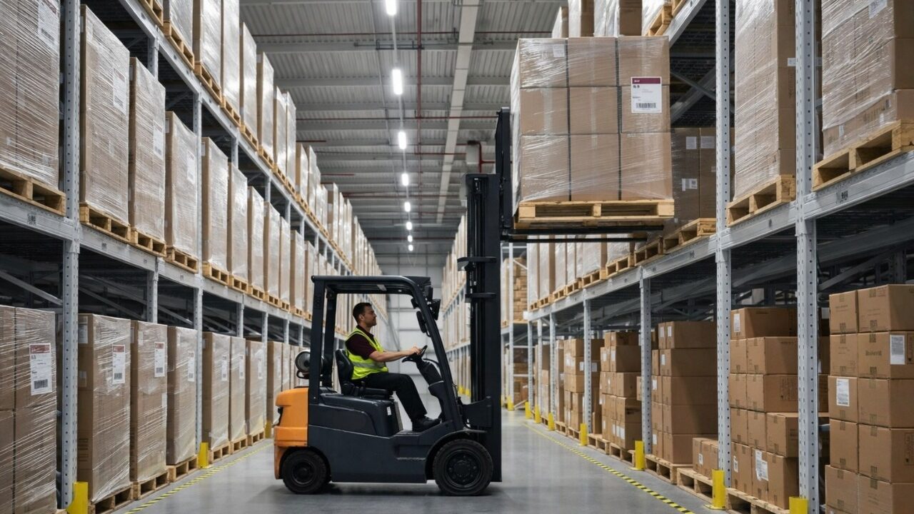 3PL Warehouse, Forklift lifting boxes