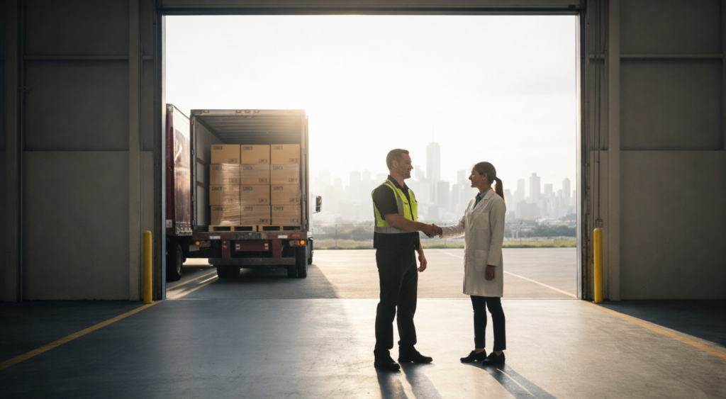 3PL Driver handshaking a client