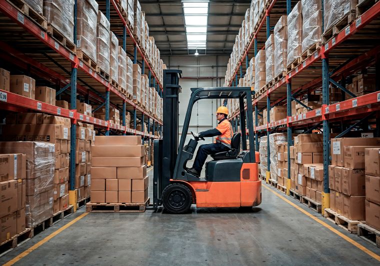 Warehouse worker operating forklift storage facility