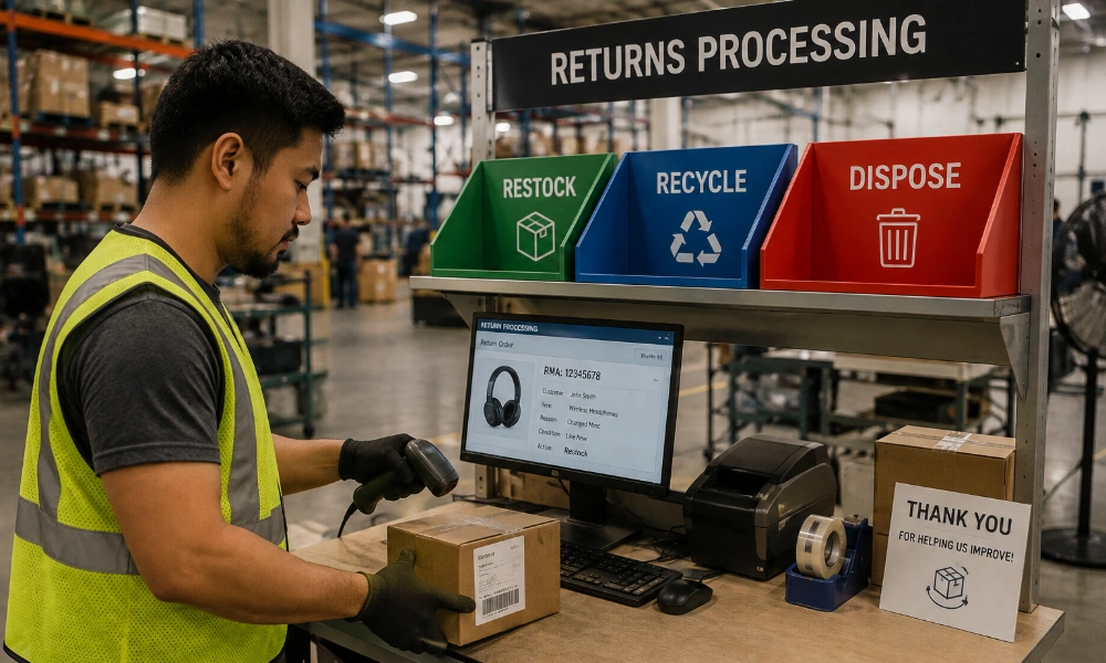 warehouse worker processing a returned package at a returns processing station