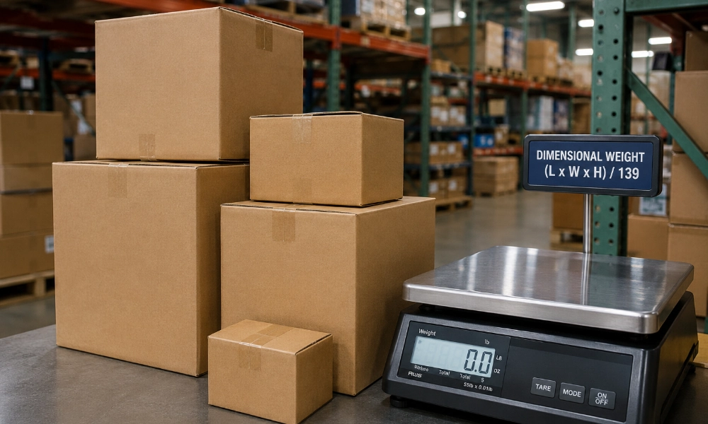 stacked shipping boxes of varying sizes next to a scale