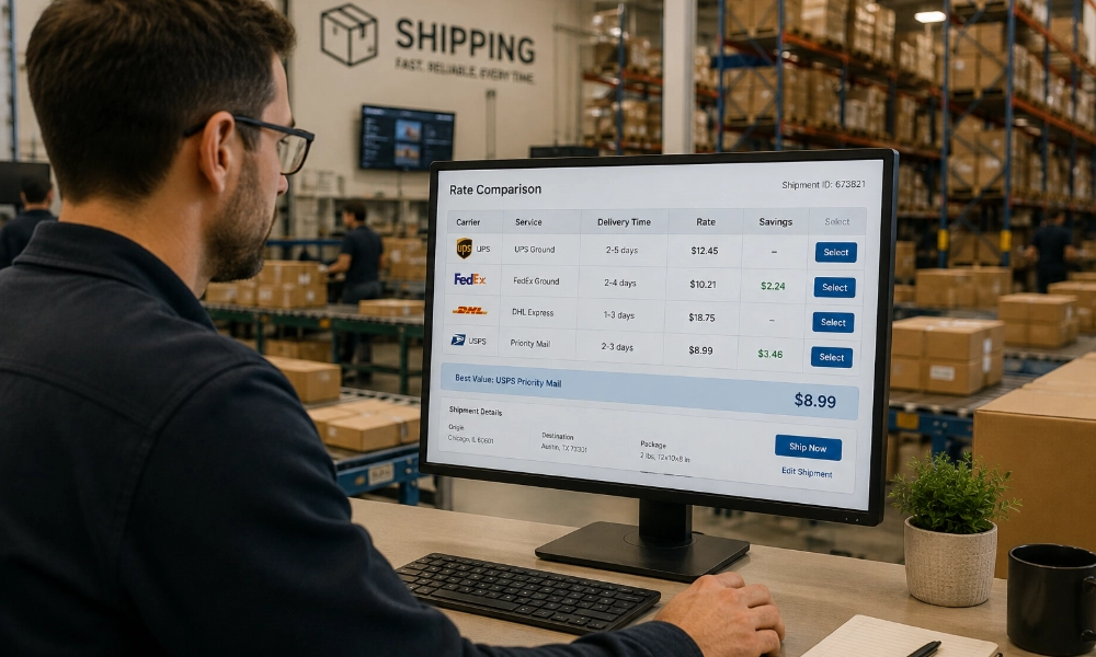 logistics professional reviewing a multi-carrier rate comparison dashboard on a desktop monitor inside a modern fulfillment center