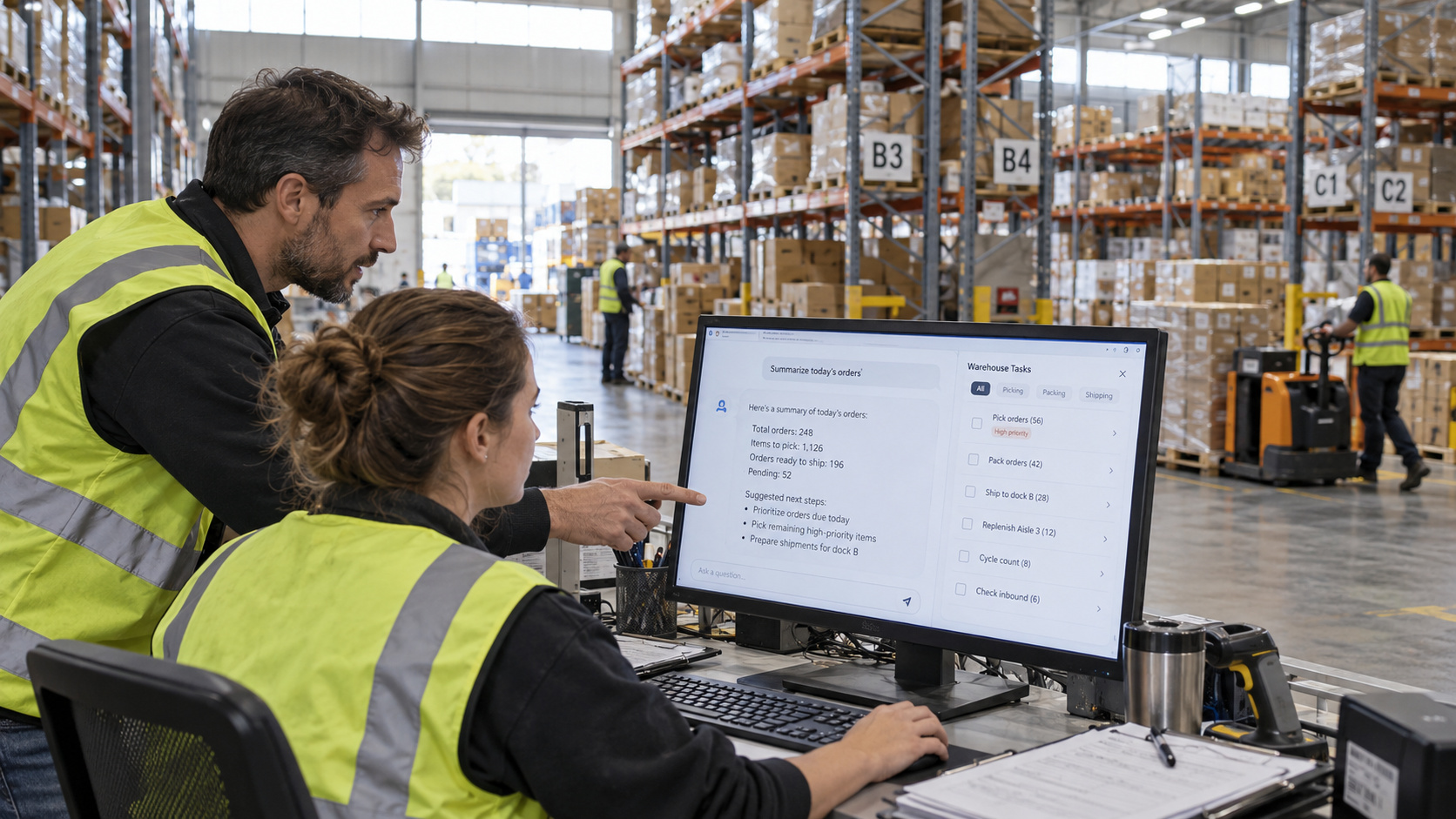 1. Two individuals collaborate on a computer in a warehouse, utilizing generative AI technology for efficient operations.